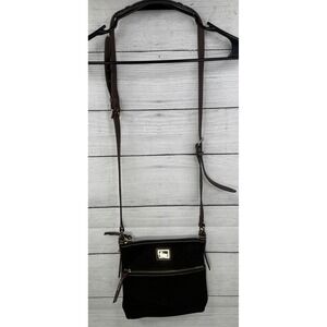 Dooney Bourke‎ Black Suede Leather Crossbody Bag Gold Tone Logo Adjustable Strap